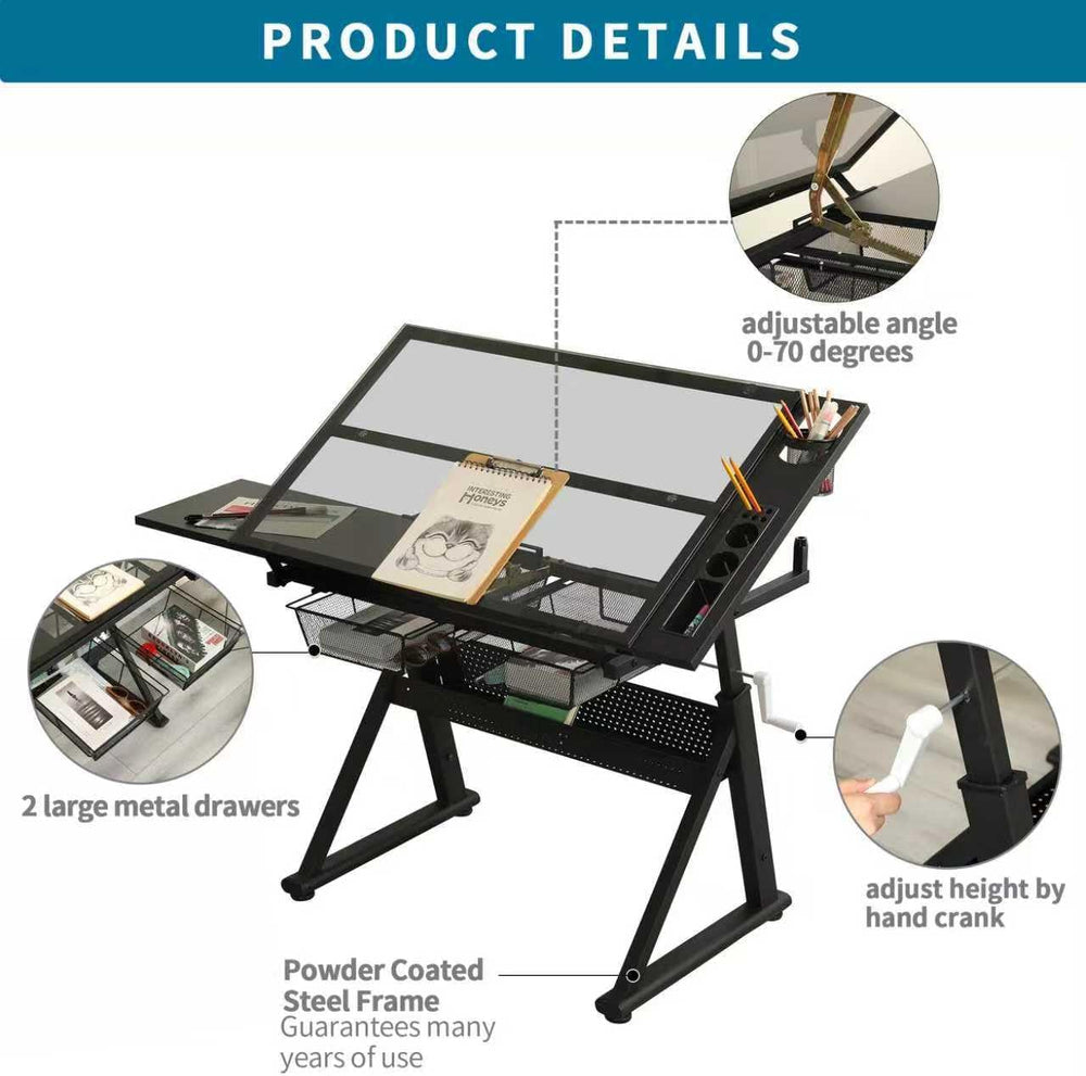 Adjustable Drawing Table for Artists | Drafting Desk with Tilted Glass Top | ...