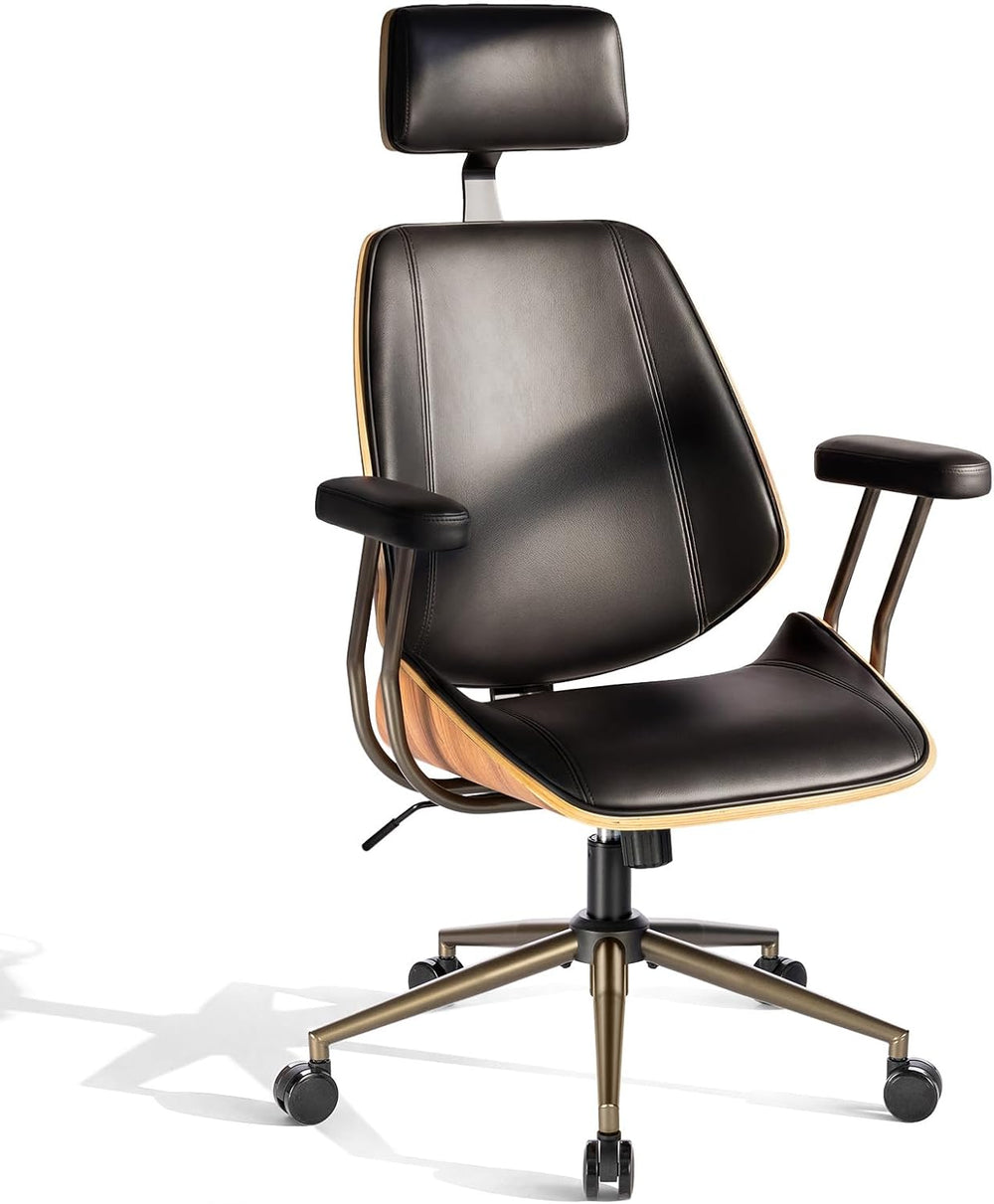 High Back Ergonomic Office Chair, with Headrest & Arms, Black | Faux leat...