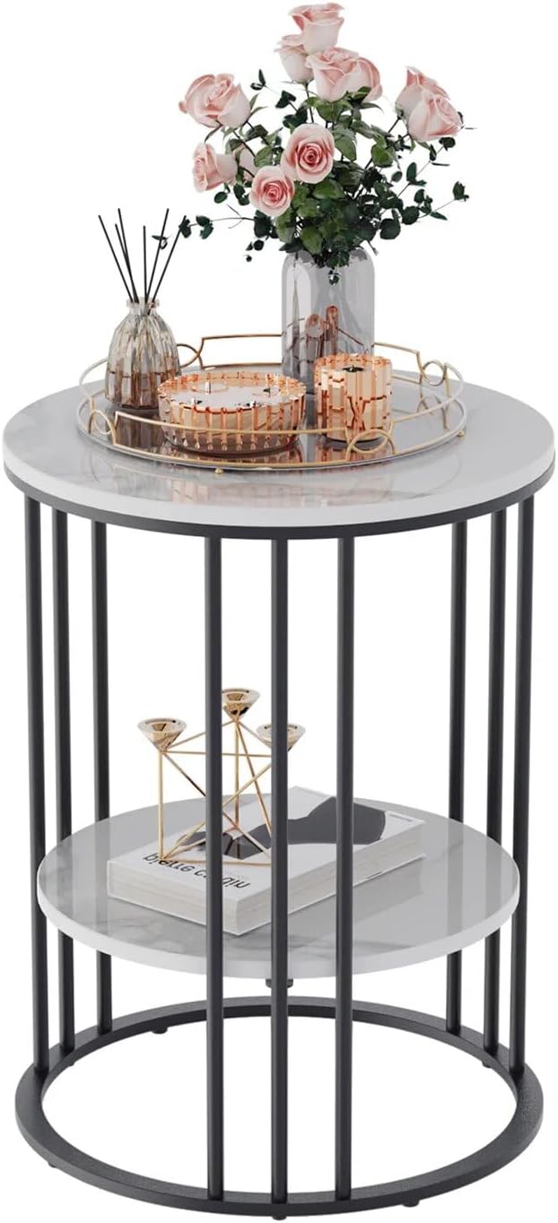 15.7Wx15.7Dx21.3H inch 2-Tier White Marble Side Table Round Coffee Table Nigh...