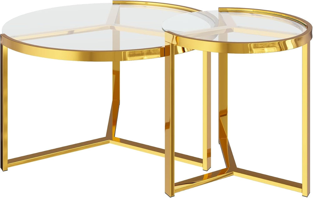 Round Nesting Coffee Table Set of 2 with Gold Frame & Mirrored Top, Black...