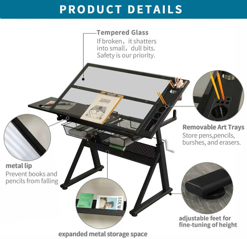Adjustable Drawing Table for Artists | Drafting Desk with Tilted Glass Top | ...