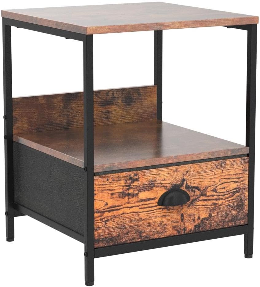 Furologee Rustic Brown Industrial Style Nightstand with Drawer, 15.7" L ...