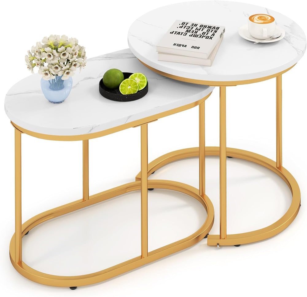 Multigot Nesting Tables Set of 2, Stacking End Side Table, Marble Accent Snac...