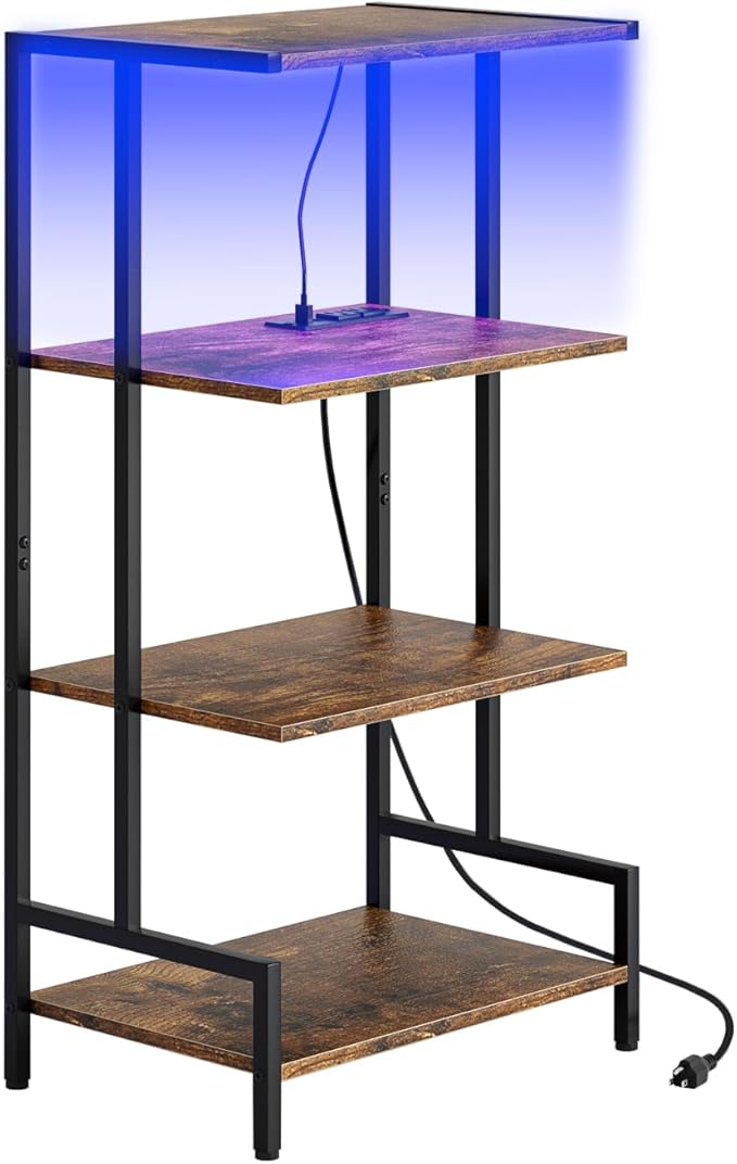 4-Tier AV Media Stand with Power Outlet and LED Lights,Wooden Stereo Stand Ca...