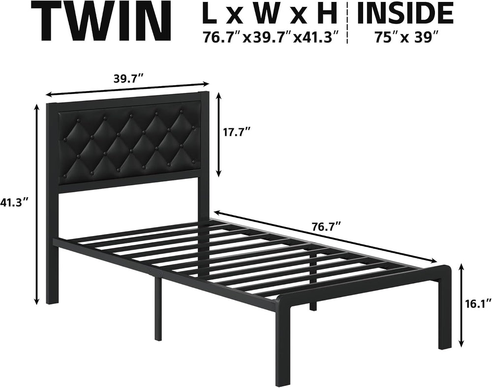 Fluest Twin Bed Frame with Headboard PU Leather Upholstered Bed Frame Platfor...