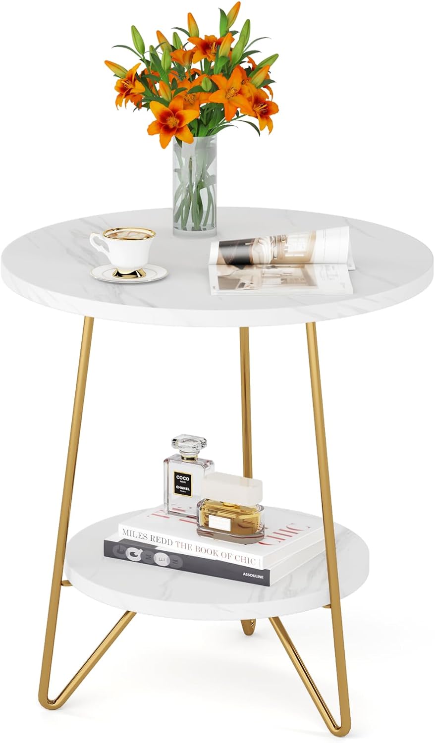 Tribesigns 2 Tier Round Side Table, Faux Marble End Table with Shelf, Small G...