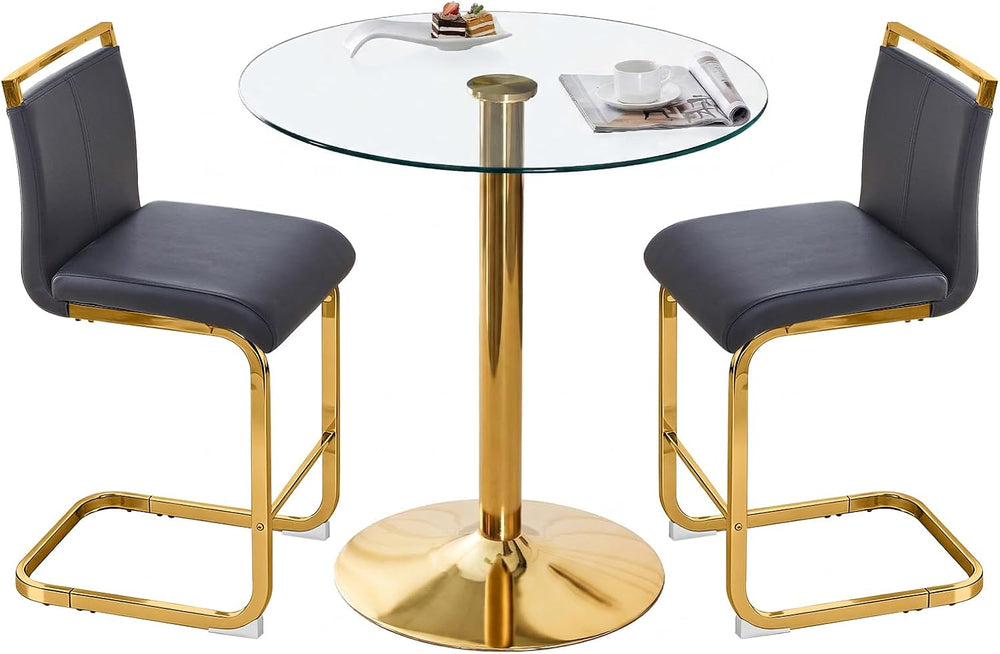 Glass Dining Table Set for 2, Round Bistro Set with Metal Frame, Compact 3-Pi...