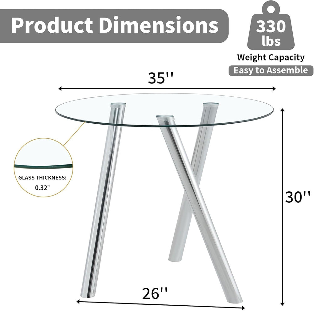 35" Round Dining Table for 4, Modern Round Glass Dining Table with Metal...