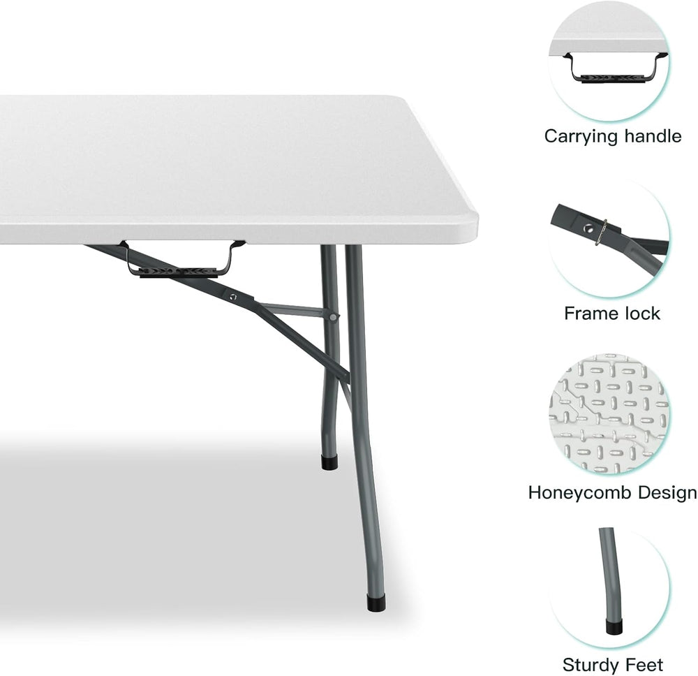 6 ft HDPE Folding Table with Anti-Arch Lock, Carry Handle, 330 lb Capacity