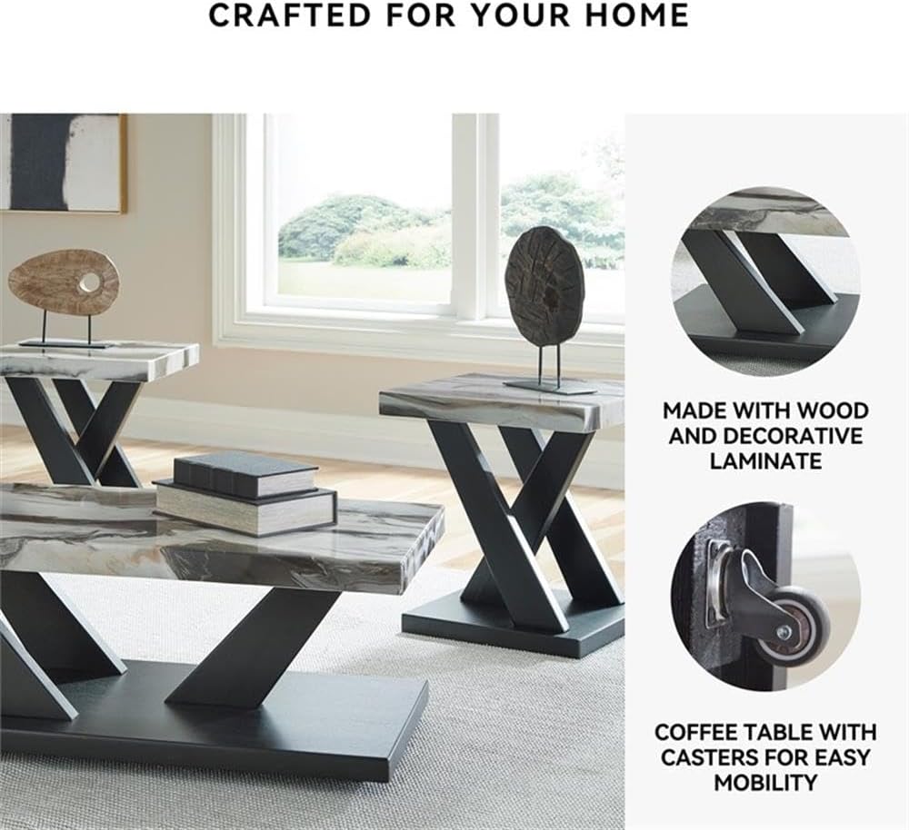 BOWERY HILL Coffee Table Set, 3-Piece, Faux White Marble Tops, Black Wood Fra...