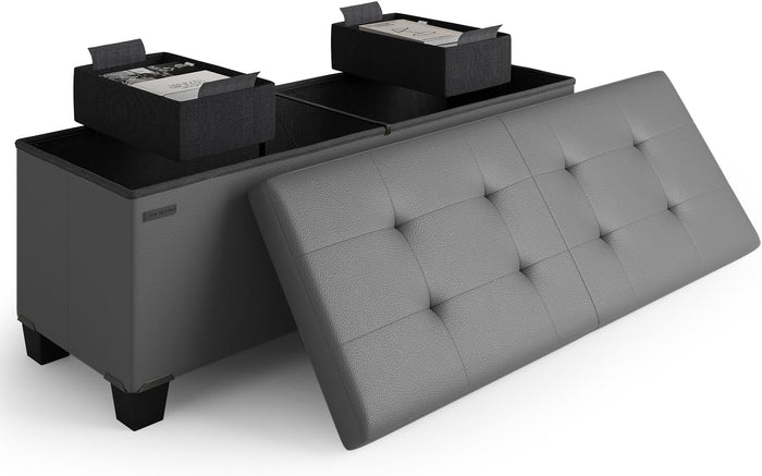 Storage Ottoman Bench with Bins, 43-in Storage Bench for Bedroom End of Bed, Folding Foot Rest Ottoman for Living Room Max 660lbs, Faux Leather Ottomans, Grey