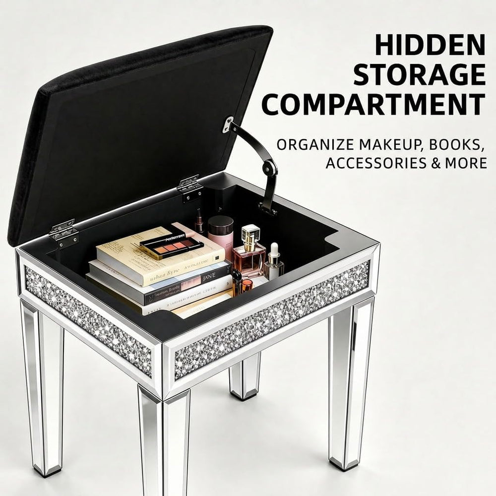 Vanity Stool with Storage, Velvet Upholstered Ottoman with Mirrored Legs, Hid...