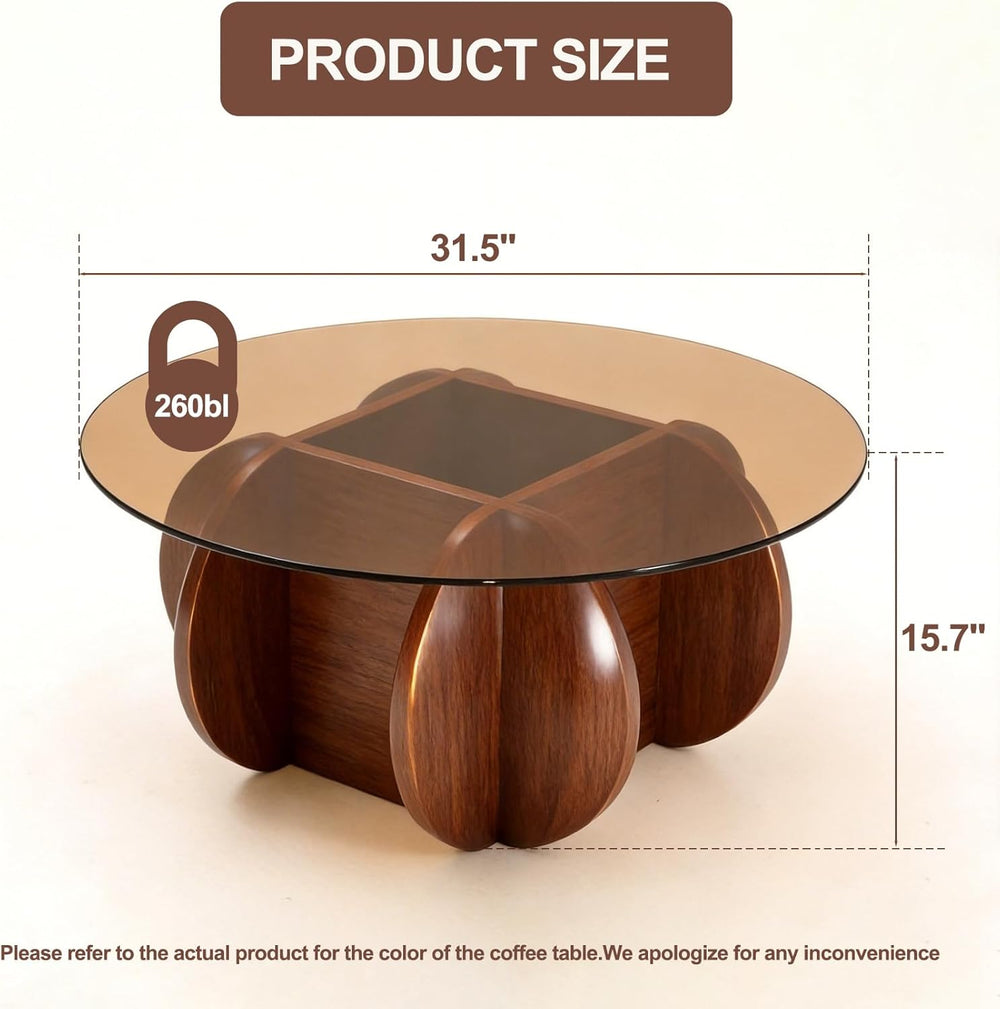 Modern Round Coffee Table with Solid Wood Legs,31.5'' Glass Coffee Ta...