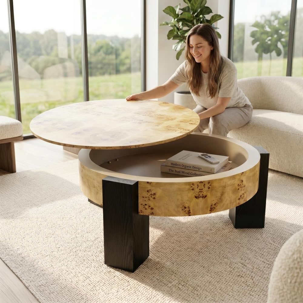 33'' Round Burl Wood Storage Coffee Table, Organic Modern Hidden Comp...