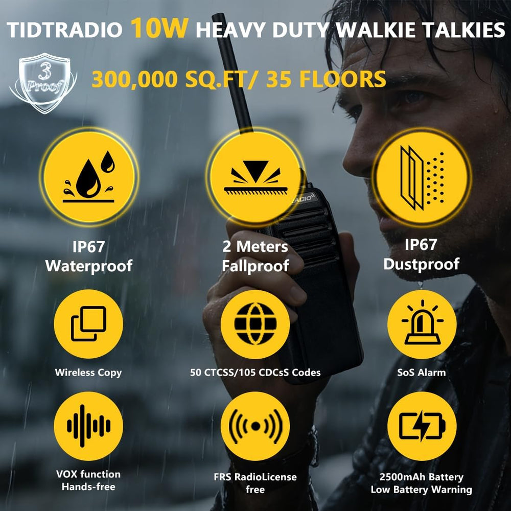 TIDRADIO 10Miles-Heavy Duty Long Range Walkie Talkies-IP67 Waterproof FRS