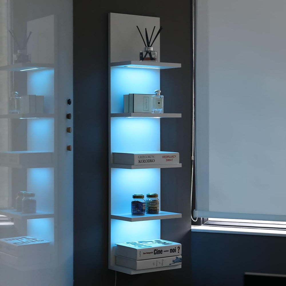 5 Tier Wall Shelf Unit, White, RGB Lack Shelf with Light
