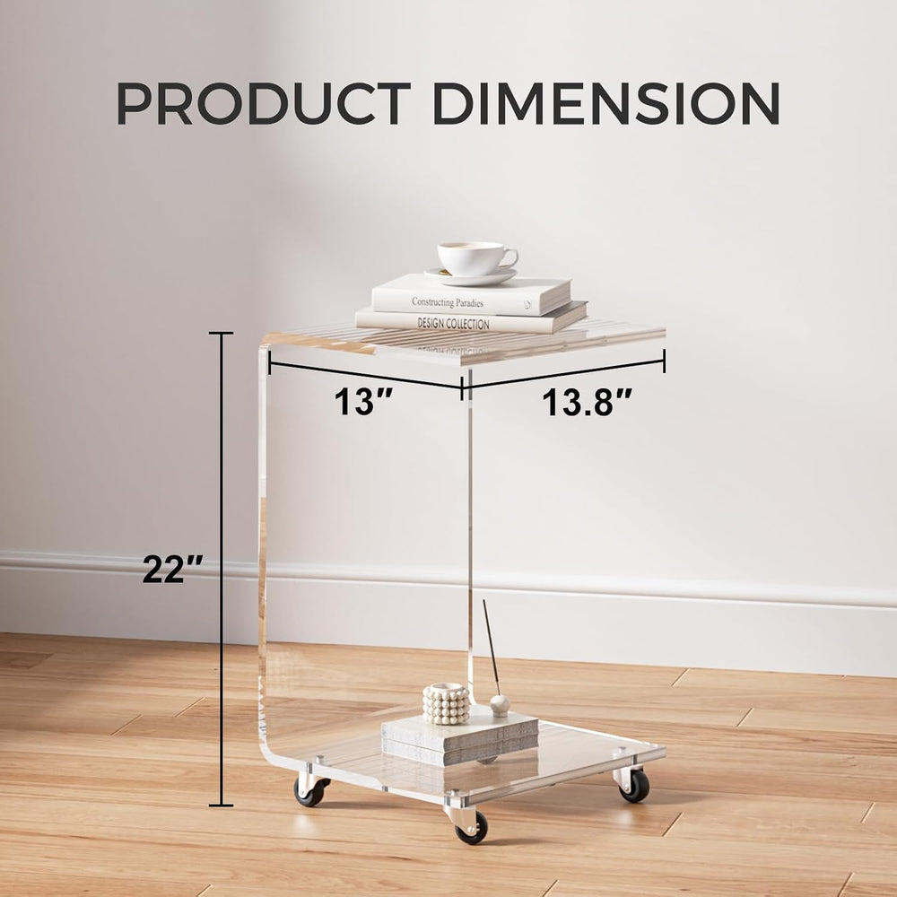 Mobile Clear Acrylic C Table with Wheels, 13.8" L x 13" W x 22"...