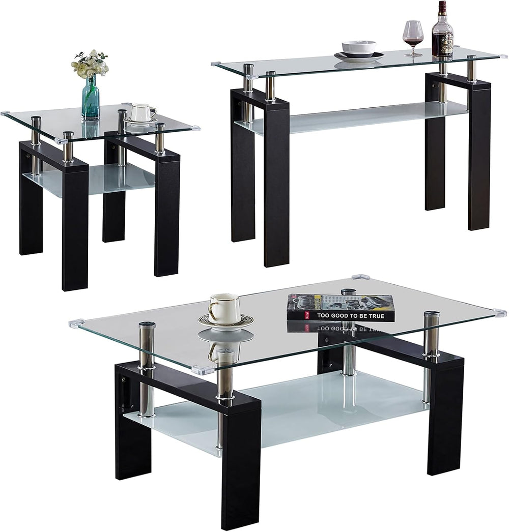 3 Piece Black Living Room Table Set, Rectangular Modern Glass Coffee Table, C...