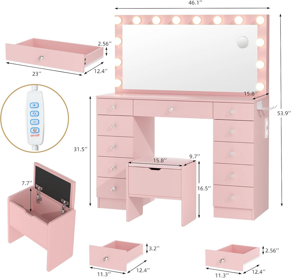 VOWNER Vanity with Lighted Mirror - 46" Makeup Vanity Desk with 11 Drawe...