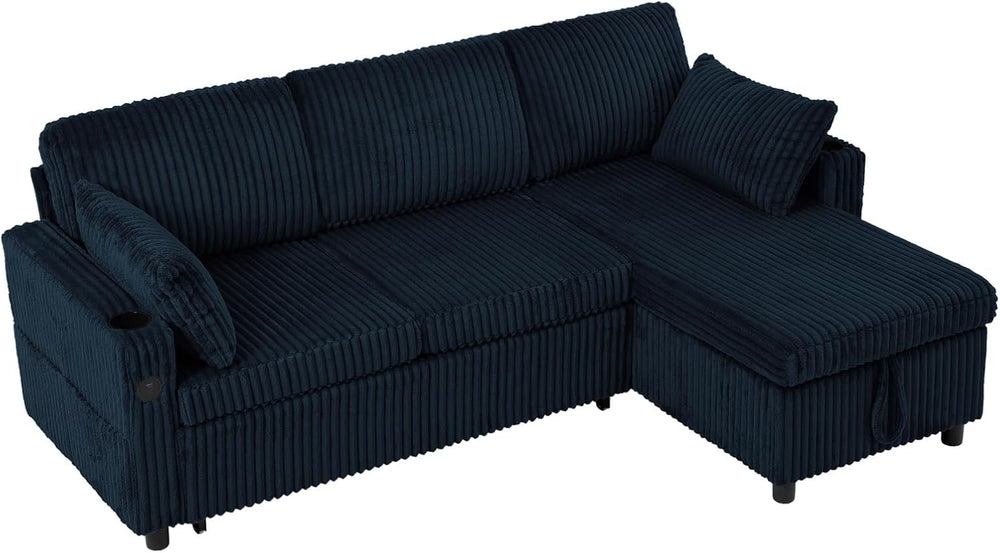 84" Corduroy Pull Out Sofa Bed w/Adjustable Backrests, Blue