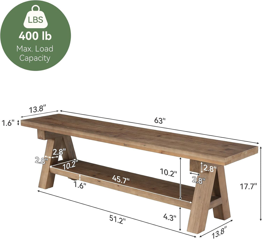 63-Inch Farmhouse Dining Bench, Solid Wood Indoor Entryway Bench | 2-TierStor...