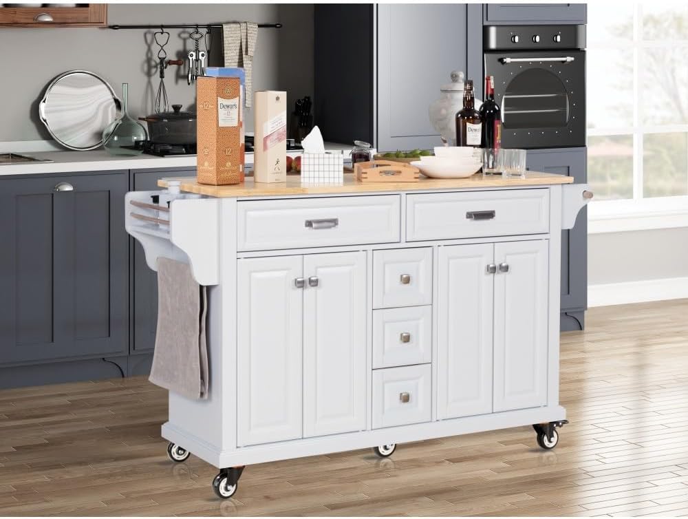 Kitchen Island with Rubberwood Top, Cabinet, 5 Drawers and Wheels, White | Ro...