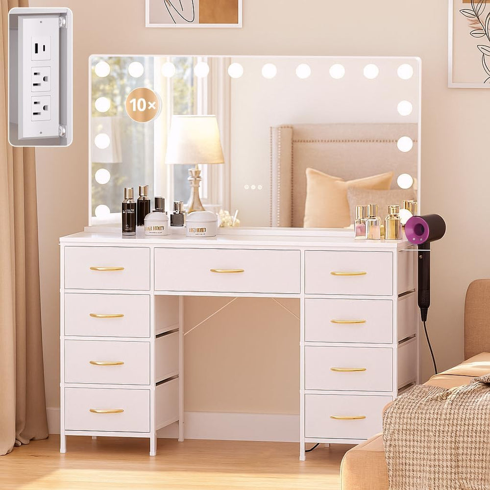 COMHOMA Vanity Desk with Large Mirror,15 LED Bulbs and Power Outlet,Makeup Ta...
