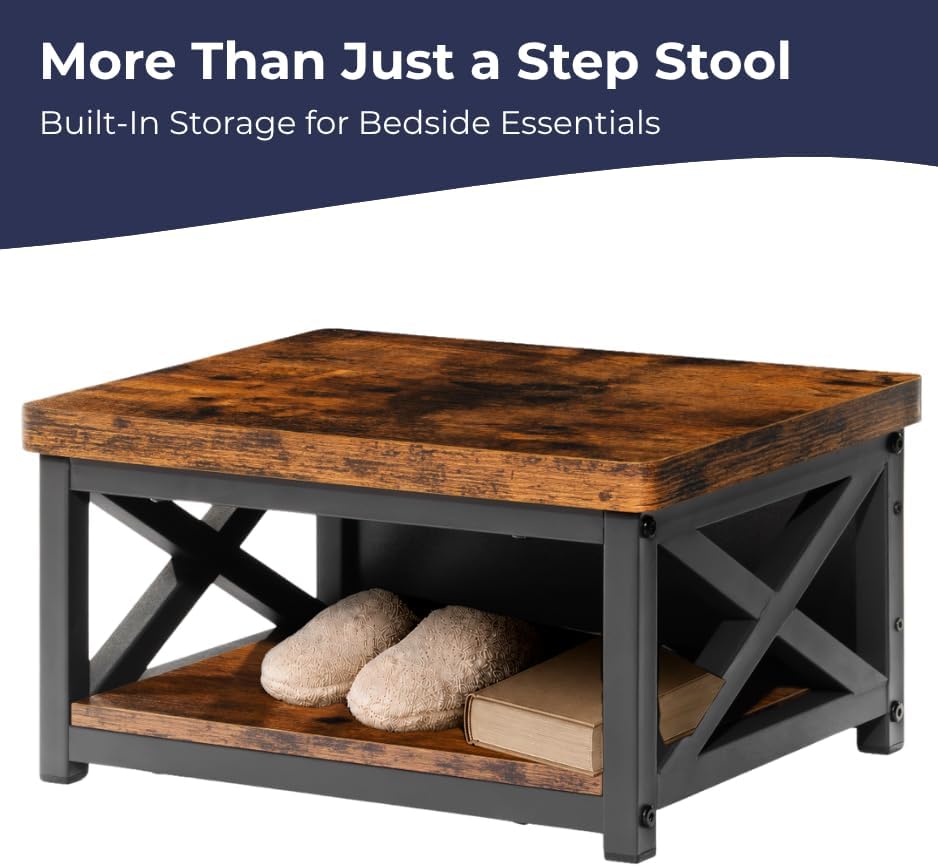 Wooden Step Stool for Bed, 8 Inch Bedside Stool with Storage, Rustic Brown