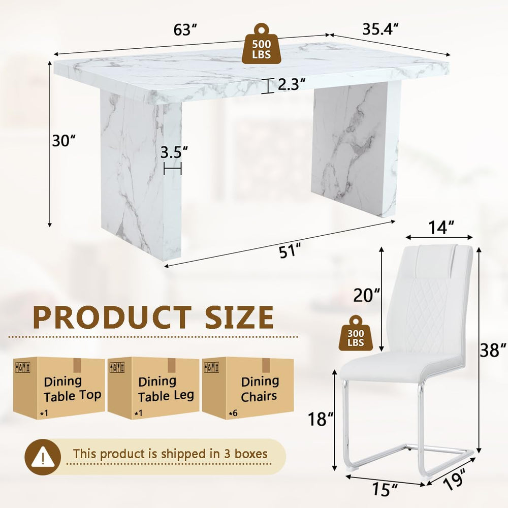 gopop 7 Piece Dining Table Set, Marble Dining Table Set for 6, 63" White...