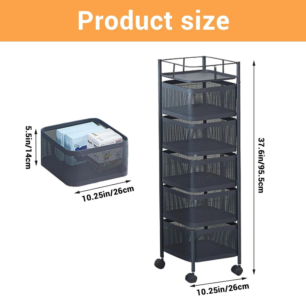 5Tier Rotating Kitchen Storage Organizer Rolling Cart with Removable Baskets