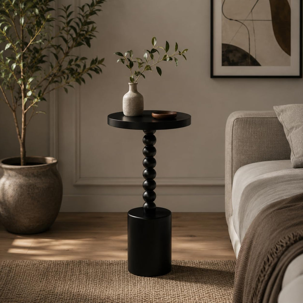 COZAYH Black Wood End Table with Round Top and Decorative Beaded Pedestal, Mo...
