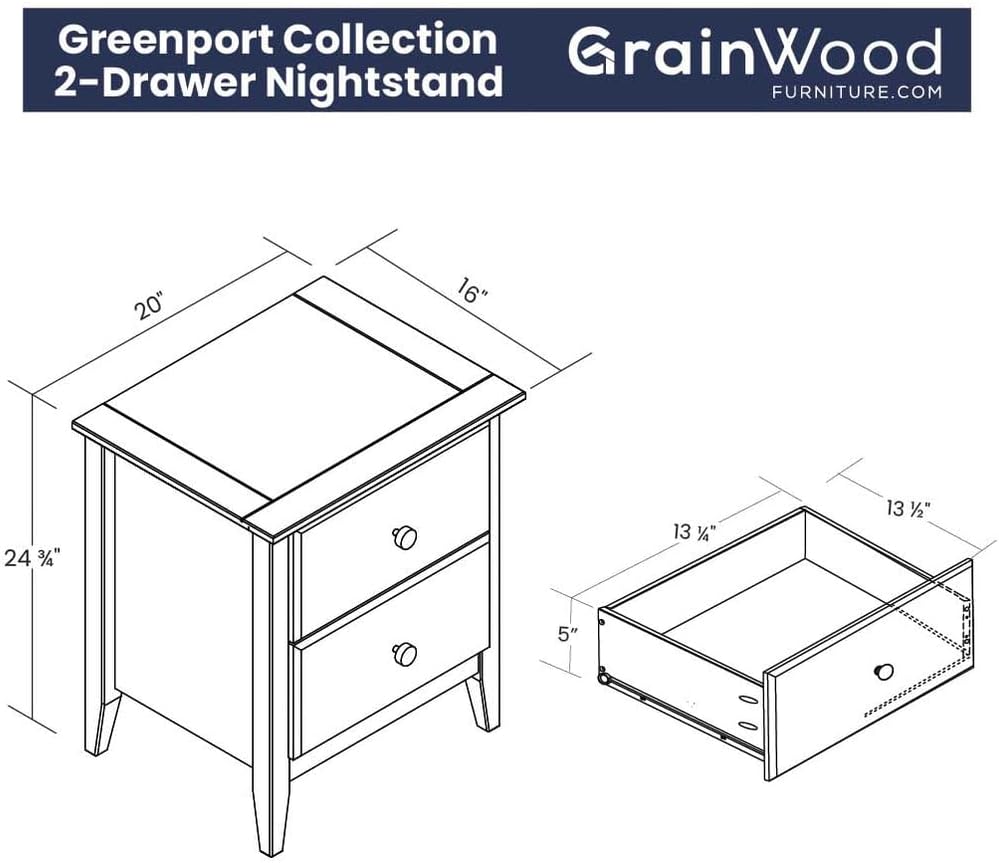 Grain Wood Furniture Greenport 2-Drawer Bedroom Nightstand, Solid Wood with B...