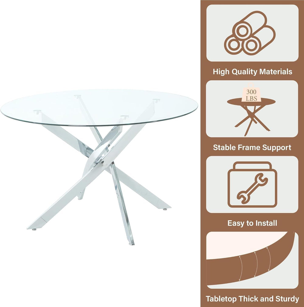 5-Piece Round Dining Table Set for 4, 47" Small Circle Tempered Glass Ki...