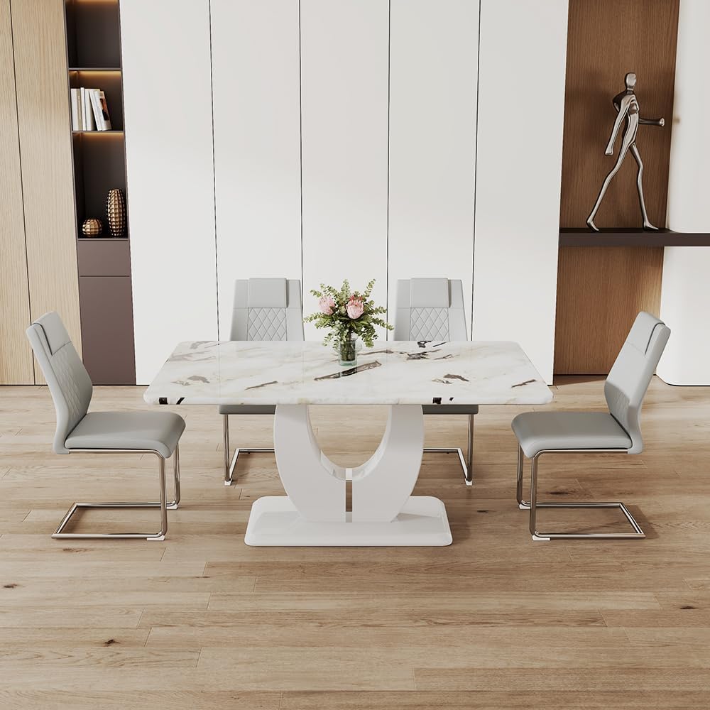 JUFU Dining Table Set for 6 with Chairs PU Upholstered, 63'' White Fa...