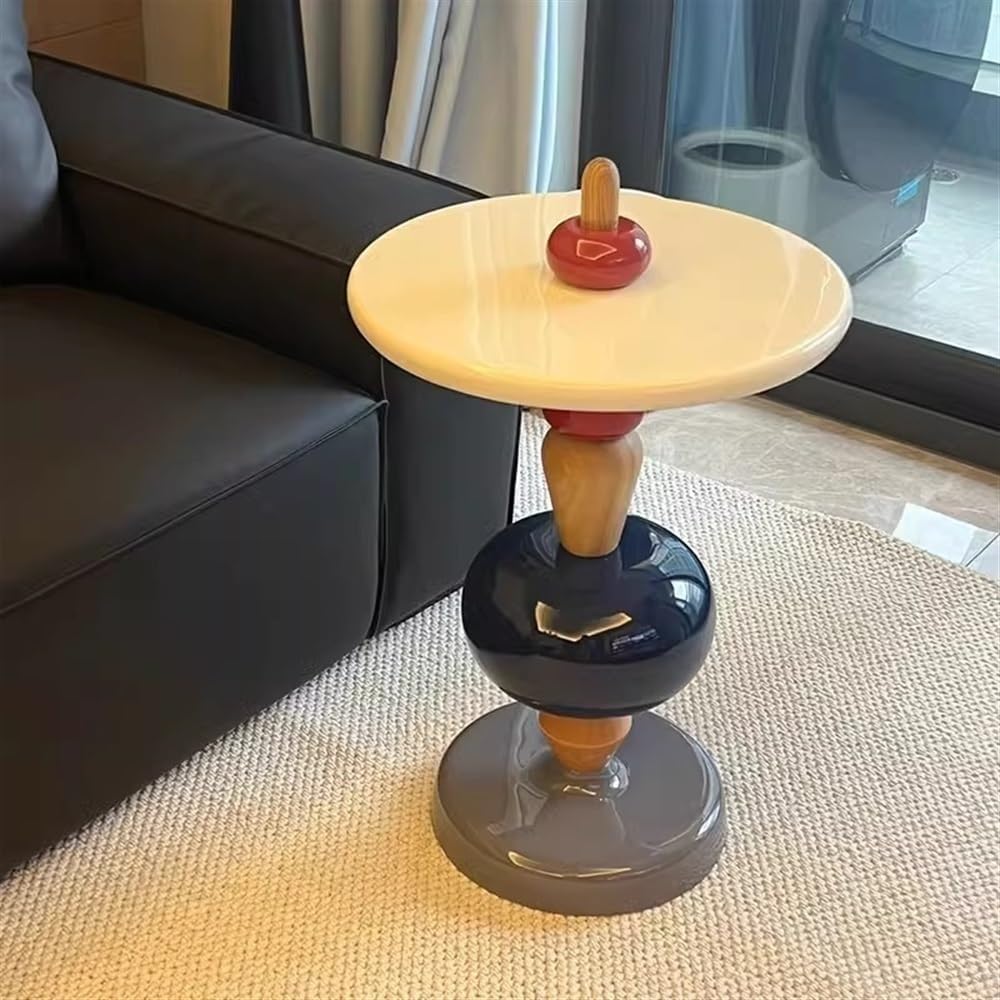 Modern Round Side Table, Fiberglass End Table, Solid Oak Pole, Small Round Co...