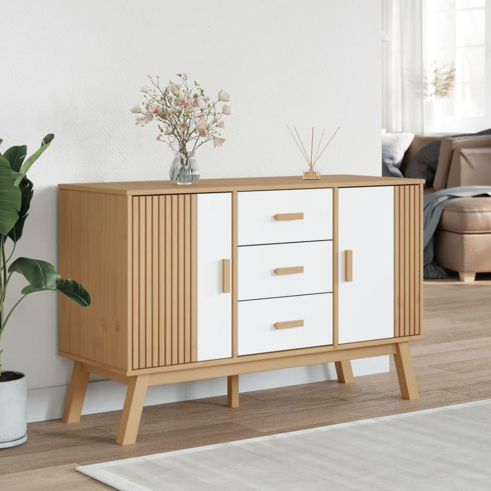 White and Brown Solid Pine Wood Sideboard with Multiple Drawers and Doors for...