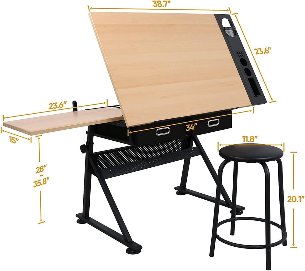 JupiterForce Drafting Table Art Desk with 2 Storage Drawers, Height Adjustabl...