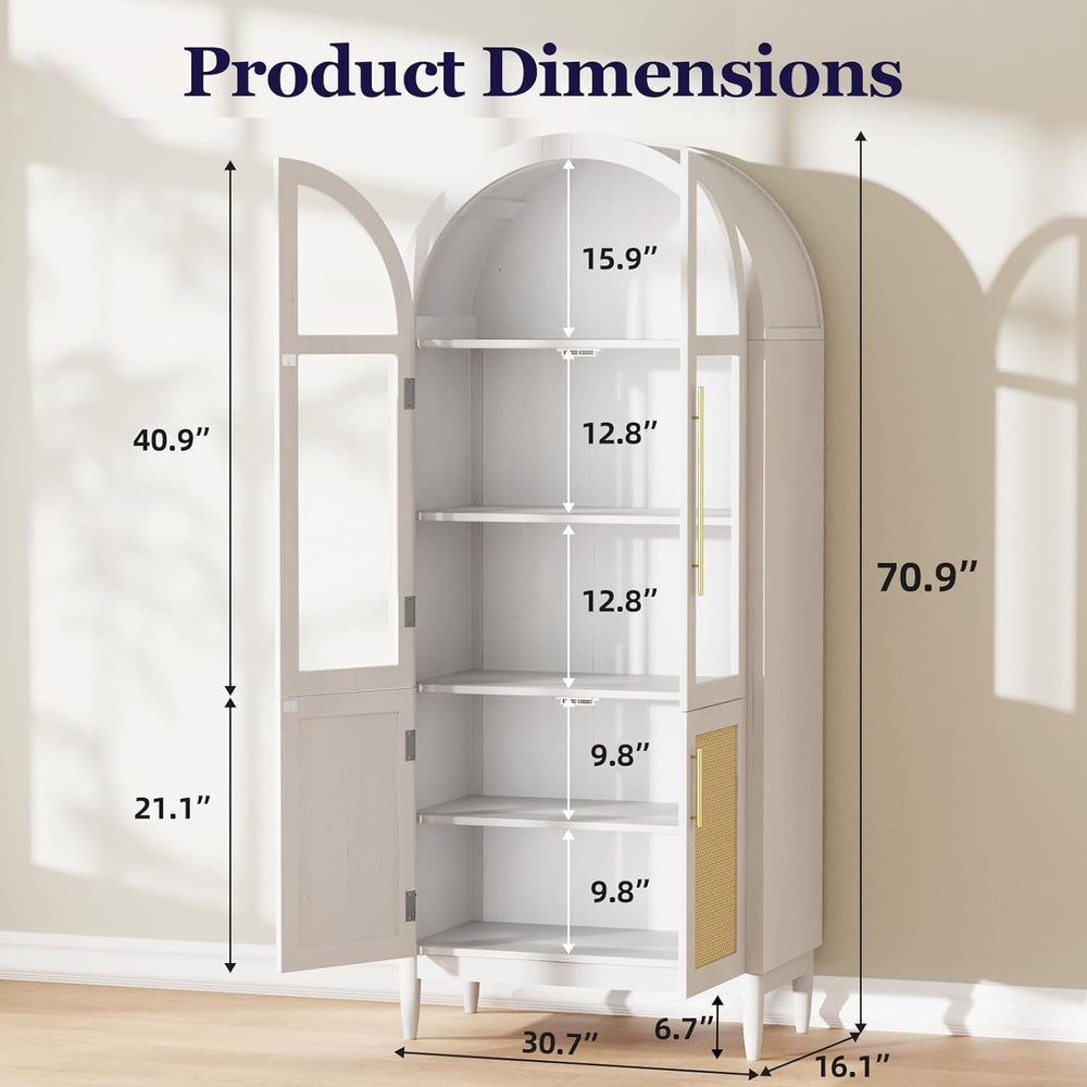 71" Tall Arched Cabinet with Glass Doors, Kitchen Pantry Storage Cabinet...