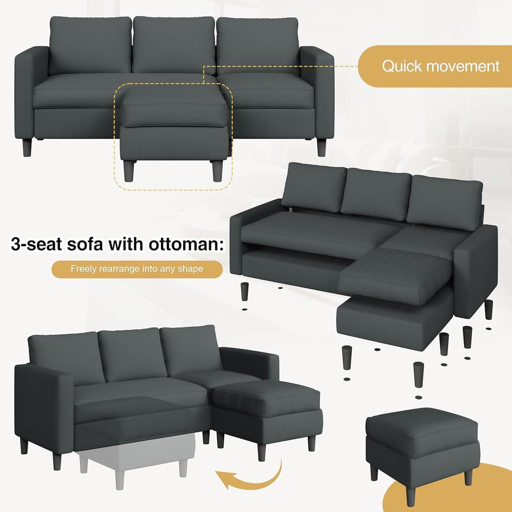 JAMFLY 3-Seat Reversible Sectional Sofa with Ottoman, Small Couch, Grey