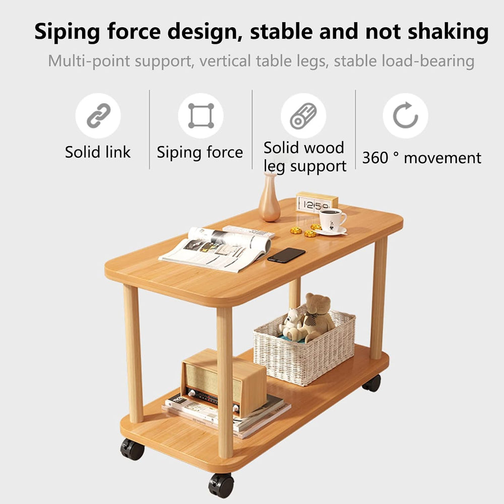 Sofa Side Table with Wheels,Wooden Night Stand with Open Shelf,2 Tier Small R...