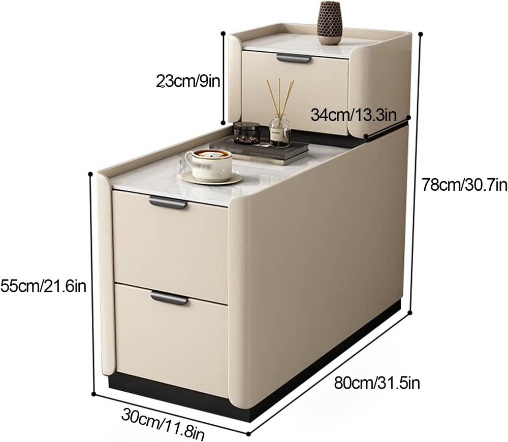 Modern Sofa Side Table with 3 Drawers, PU Leather Nightstand with Silent Rail...