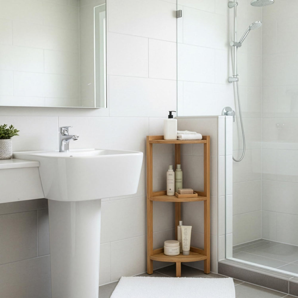 Asta SpaTeak Avila Solid Teak 3-Tier Bathroom Free Standing Corner Shelf, Ful...