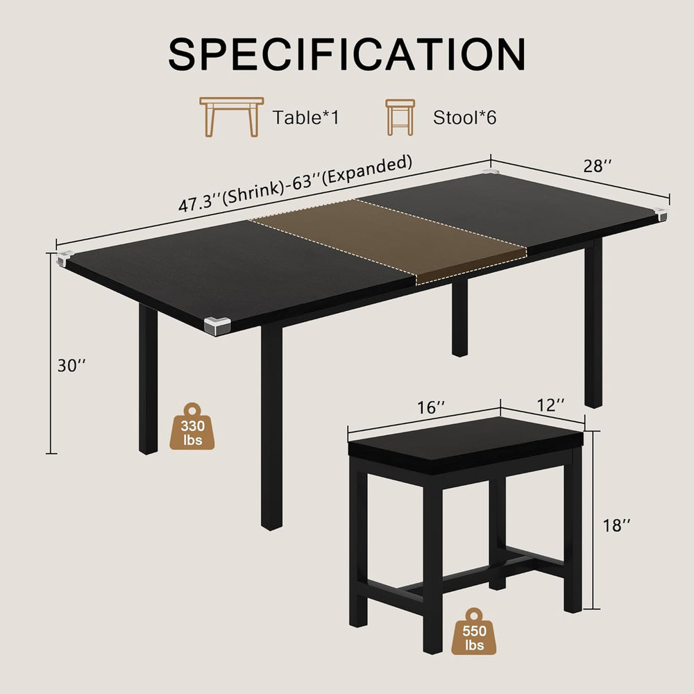 Einhomn 7-Piece Dining Table Set, 63" Extendable Kitchen Room Table with...