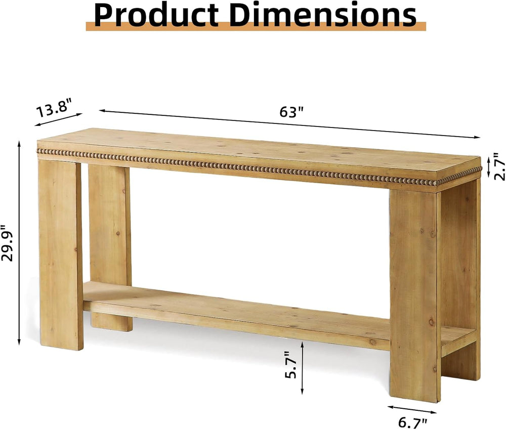 Console Sofa Table with Storage, 63" Long Wood Console Table with Beaded...