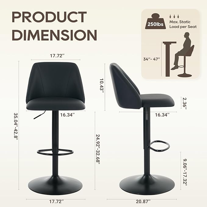 COLAMY Bar Stools Set of 2, Modern Swivel Bar Chairs, Adjustable PU Leather U...