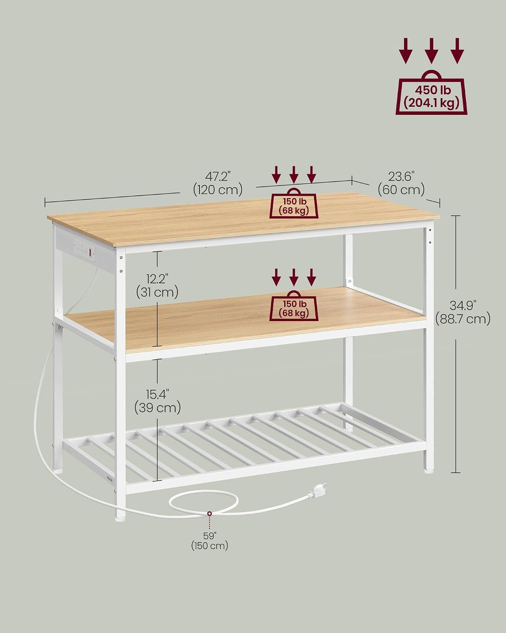 VASAGLE Kitchen Island with 3 Shelves, Storage Cabinet, Steel Structure | Kit...