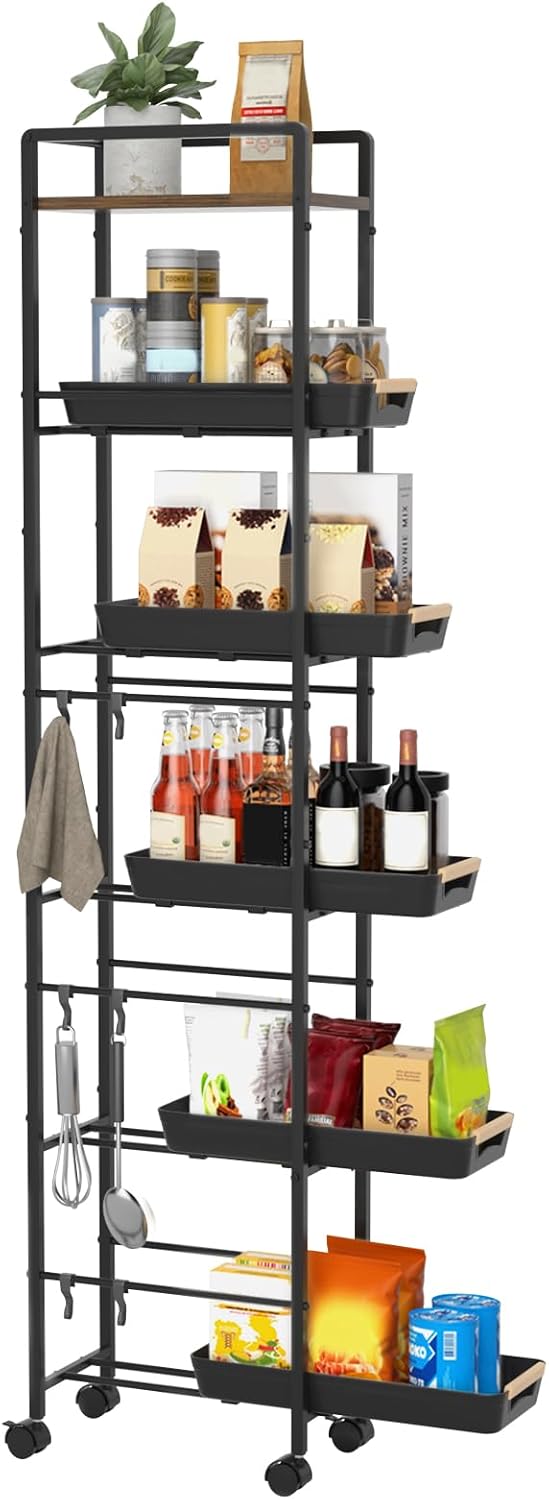 6 Tier Slim Storage Cart with Pull-Out Baskets Rolling Cart with Wheels Wood ...