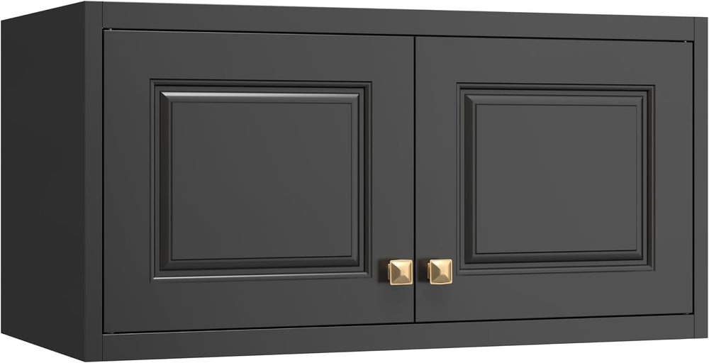 32" Wall Storage Cabinet with 2 Doors & Gold Handle | Black Metal, H...