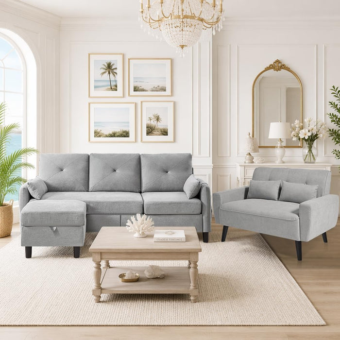 Convertible Sectional Sofa Set, Small L Shaped 3 Seat Couch with Ottoman and Loveseat, Modern Sofa Couches for Living Room, Light Grey