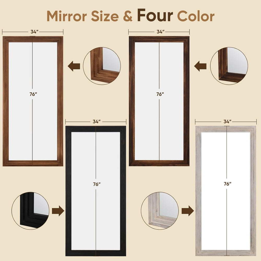 Full Length Mirror 76"x34", Rect Solid Wood Frame with Stand